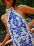 Temperament Print Halter Halter Lace Peplum Dress