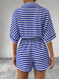 Striped Lapel Belted Shorts Short Sleeved Onesie