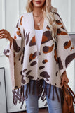 Cwocas0046_Contrast Leopard Print Knitted Fringed Cape