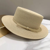 SOLID COLOR SIMPLE BOW FLAT TOP STRAW HAT_CWAH3598