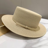 SOLID COLOR SIMPLE BOW FLAT TOP STRAW HAT_CWAH3598