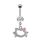 CUTE CAT CZ BELLY BUTTON RING WITH COLOR GEMS_CWMM9235