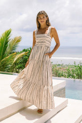 Striped Print Line Collar Lace-Up Dress