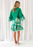 V-Neck Print Flared Sleeves Loose Short Dress
