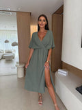 V-Neck,Loose-Fitting,Cinched Waist Slit Dress