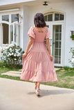 Square Neck Backless Puffy Sleeve Pleated Dress