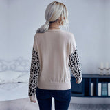 V-Neck Knit Pullover With Leopard Splicing Primer