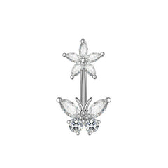 FLOWER BUTTERFLY ZIRCON STAINLESS STEEL BELLY RING_CWMM9471