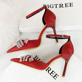 Women Retro Rhinestone Hollow Strap High Heels