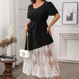 FRENCH LACE PANEL TIE WAIST LOOSE DRESS_CWDSD8484