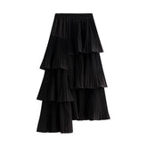 ASYMMETRICAL RUFFLED PLEATED TIERED MIDI SKIRT_CWBMS0392
