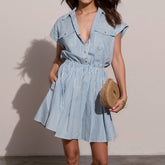 Striped Lapel Shirt, Waist-Cinching Short Dress