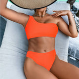 ONE SHOULDER HIGH WAIST BIKINI SEXY SOLID SWIMSUIT_CWMW0171