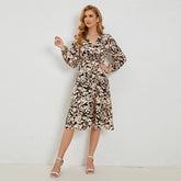 V-Neck Printed Waistline Casual Long-Sleeved Dress