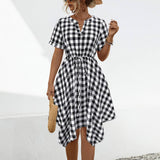 V-Neck Plaid Irregular Dress