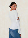 Solid-Color Long-Sleeved Lace-Up Fitted Top