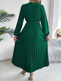 Triple V-Neck Long-Sleeved Waist Pleated Dress
