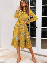 Waist-Cinched Floral Ruffle Bell Sleeve Dress