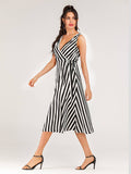 Striped Sleeveless Dress With Lace-Up V-Neck