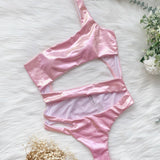 SEXY ONE SHOULDER PATENT LEATHER SWIMSUIT_CWMW0322