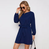 Solid Color Lace-Up Long-Sleeved Dress