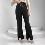 Waist Strap Adjustable Slit Micro Flare Pants
