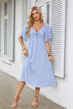 V-Neck Bow Pleated Mid-Length Short-Sleeved Dress
