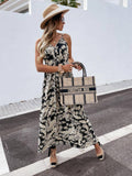 V-Neck Sleeveless Halter Print Boho Long Dress