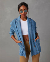Vintage Light Color Heavy Washed Denim Suit Jacket