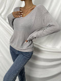 V-Neck Hollow Solid Color Knitted Long Sleeve Top
