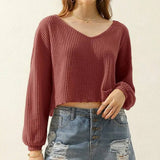 Women V Neck Loose Long Sleeve Blouse_Cwttl1430