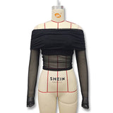 Solid Color Fit Line Neck Gauze Long Sleeve Top