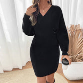 V Bat Sleeve Solid Color Tight Knit Sweater Dress