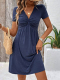 V-Neck, Cinched Waist, Knotted Solid Color Dress
