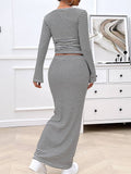 Striped Knitted Long-Sleeved Half-Skirt Suit