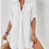 White Lace V-Neck Beach Cover Up Blouse_Cwmm6149