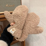 CUTE BEAR FLEECE MITTENS WARM NECK STRAP GLOVES_CWAG0178