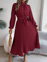 Standing Collar Long Sleeve Pleated Long Dress