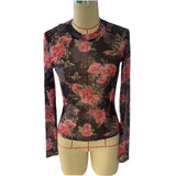 SEMI SHEER ROSE PRINT CHIFFON MESH LACE TOP_CWTBLL3424