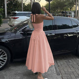 Solid Deep V Halter Cutout Flare Dress