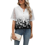 V-Neck Printed Chiffon Top With Lace Sleeves
