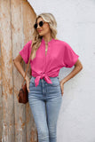Solid Color V-Neck Short Sleeve Button Chiffon