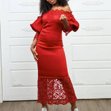 BOAT NECK LACE PATCHWORK LANTERN SLEEVE DRESS_CWDMD3683