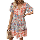 Stylish Loose Boho Print Mid-Length Dress