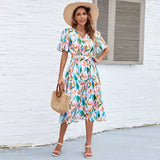 V-Neck Puff Sleeve Tie Waist Maxi Dress