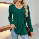 Solid-Color V-Neck Striped Long-Sleeved T-Shirt_Cwtbll4179