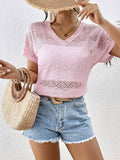 Solid-Color Lace V-Neck Bat Short-Sleeved T-Shirt