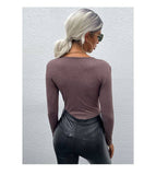 Solid Color V-Neck Long Sleeve Base Jumpsuit