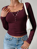 Y2K Slim Trim Lace Button U Neck Ribbed Top
