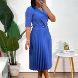 SOLID COLOR V NECK FASHIONABLE PLEATED DRESS_CWDMD3717